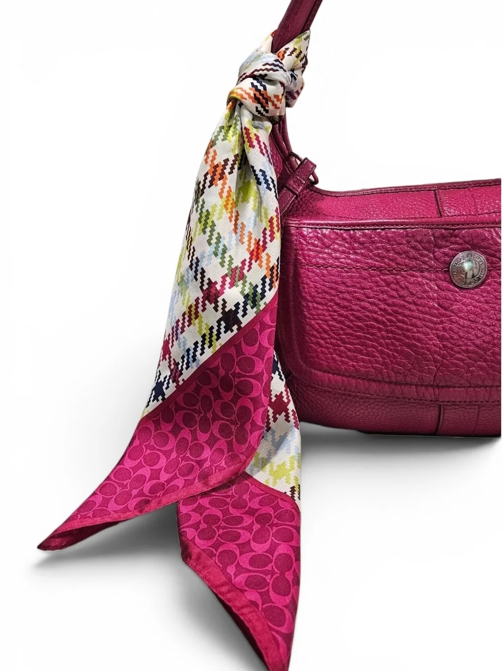 Coach ERGO TATTERSAL Fushia Pebbled Leather Shoulder Bag W/Scarf & Charm - Picture 2 of 14
